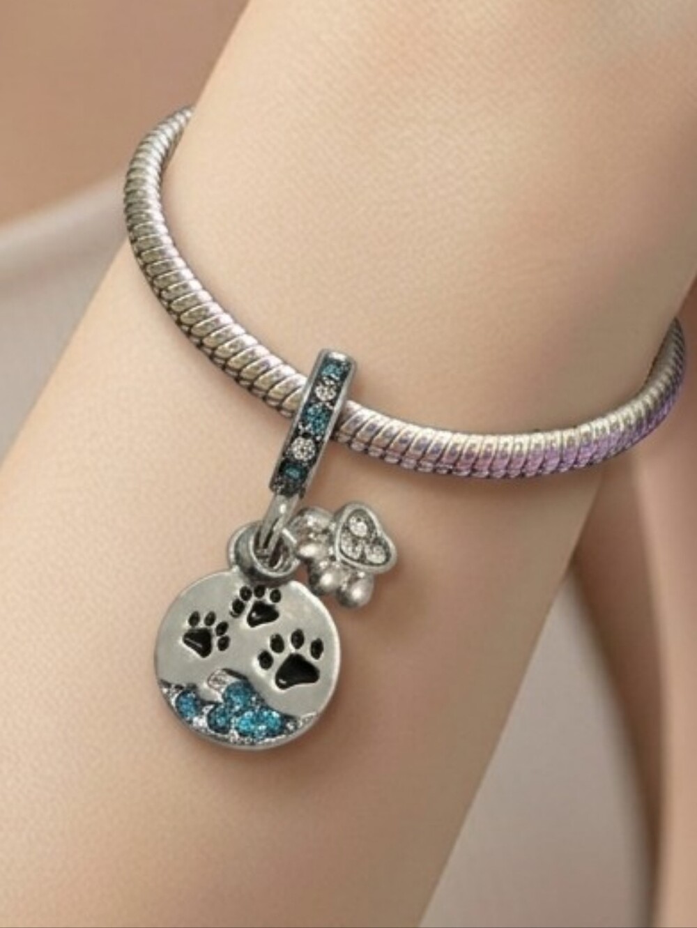 Paw Print Charm Blue Rhinestone Dangle Fits Pandora Pet Dog Cat Mom Gift Kawaii